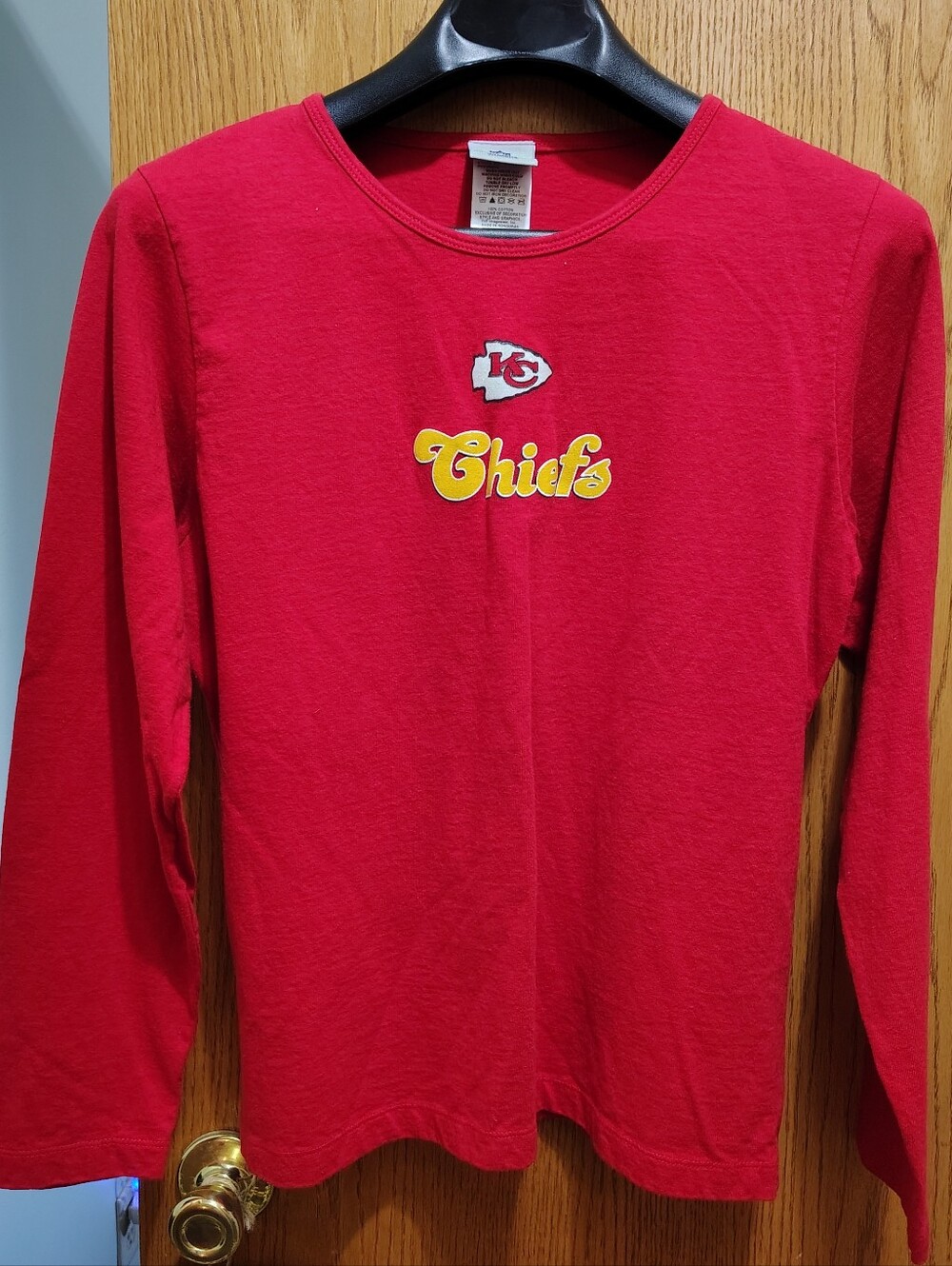 NFL Women's Red Long-Sleeve Chiefs Tee with Yellow Logo